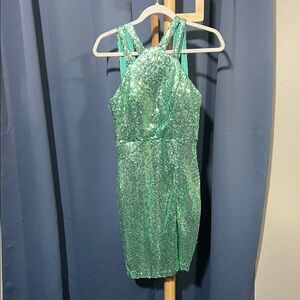 Emerald Sundae Teal Sequin Dress, Fitted Size L